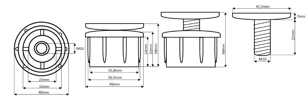 4er Pack Verstellgleiter für Rundrohr 40 mm, schwarz