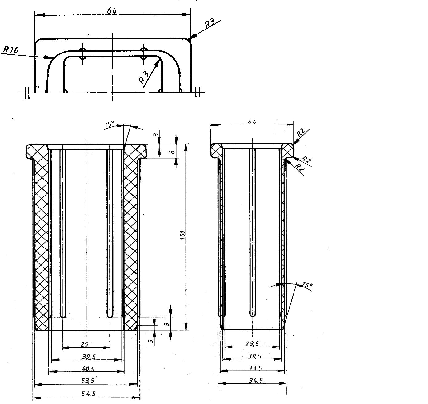 Schalldämm- und Schwingungshülse offen 60 x 40 / 40 x 30  100 mm  lang - 2er Pack